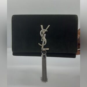 Yves Saint Laurent Dark Green Crystal Monogram Kate Tassel Clutch